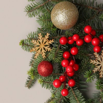 Holly berries and spruce with gold and red Christmas ornaments on beige background